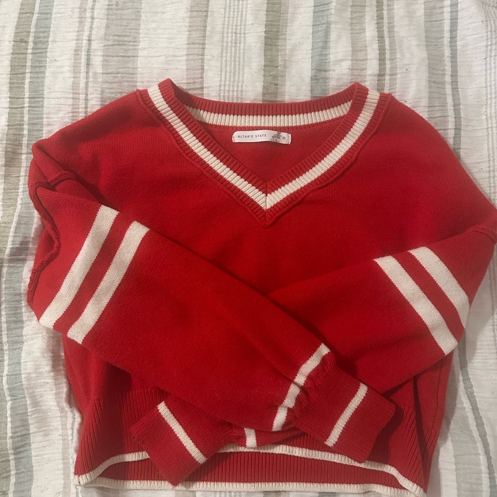 Altar'd State Red V-Neck Sweater with Cream Stripes